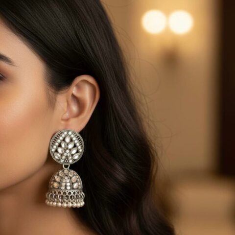 Silver-Plated Kundan Jhumka Earrings