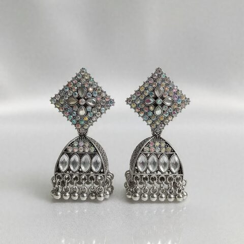 Antique Silver Mirror-Stone Jhumka Earrings