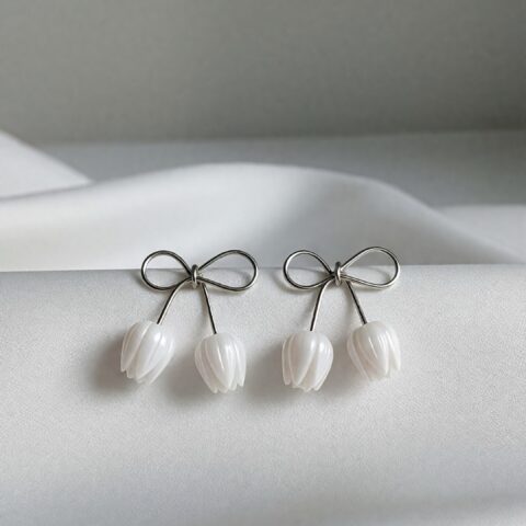 Silver Bow & Tulip Drop Earrings