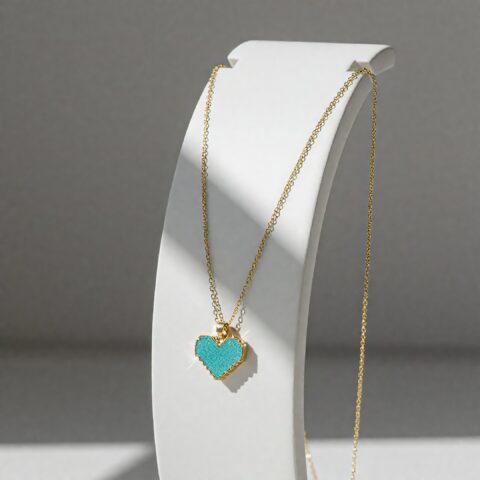 Turquoise Pixel Heart Gold Necklace