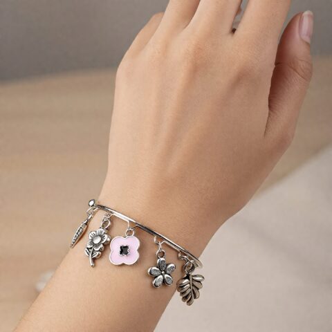 Silver Charm Floral Adjustable Bangle Bracelet
