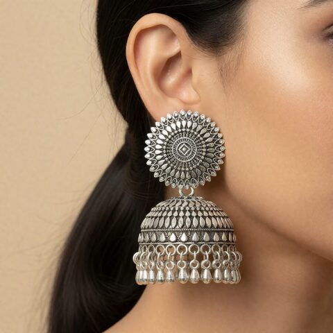 Noor Mandala Oxidised Silver Jhumka