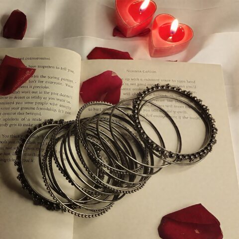 Vintage Oxidized Silver Floral Kada Bangle Set