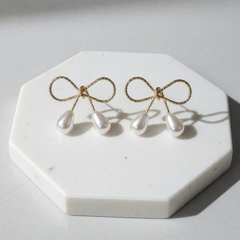 Golden Bow Pearl Drop Stud Earrings