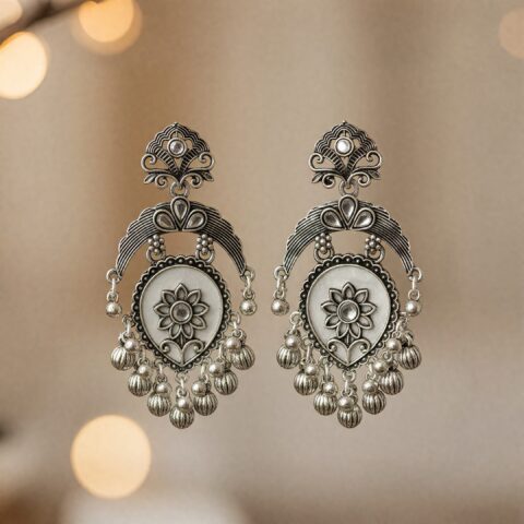 Vintage Silver Floral Oxidised Jhumka Earrings