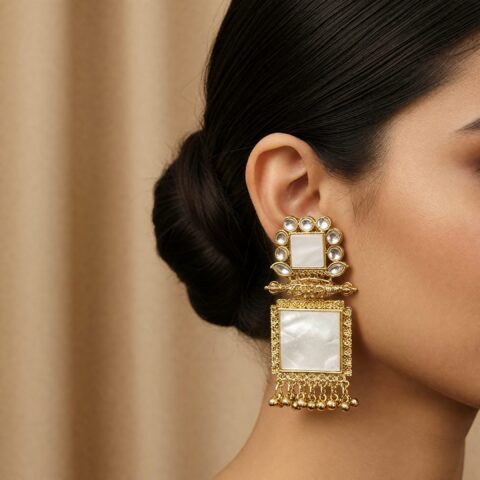Royal Ivory Kundan Square Drop Earrings