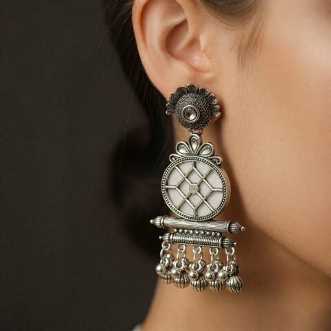 Antique Silver Tribal Chandbali Earrings with Ghungroo Drops