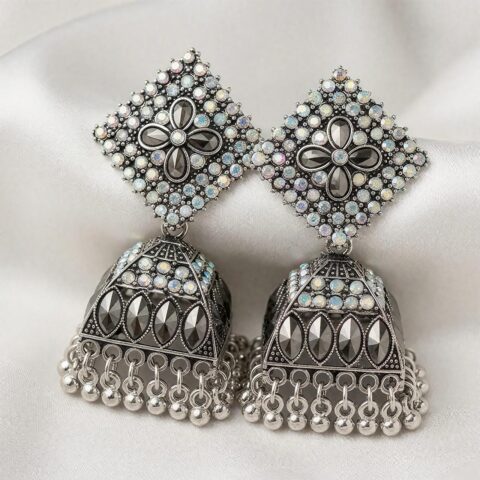 Oxidised Black Crystal Floral Jhumka Earrings