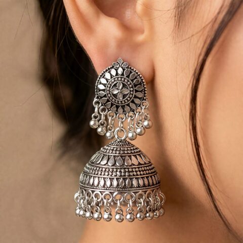 Antique Oxidized Silver Floral Jhumka Earrings with Bead Droplets