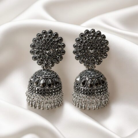 Midnight Bloom Oxidised Jhumka Earrings