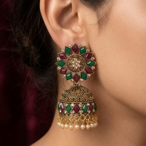 Royal Kundan Meenakari Jhumka Earrings with Pearl Drops