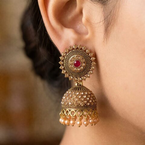 Royal Ruby Antique Gold Jhumka Earrings